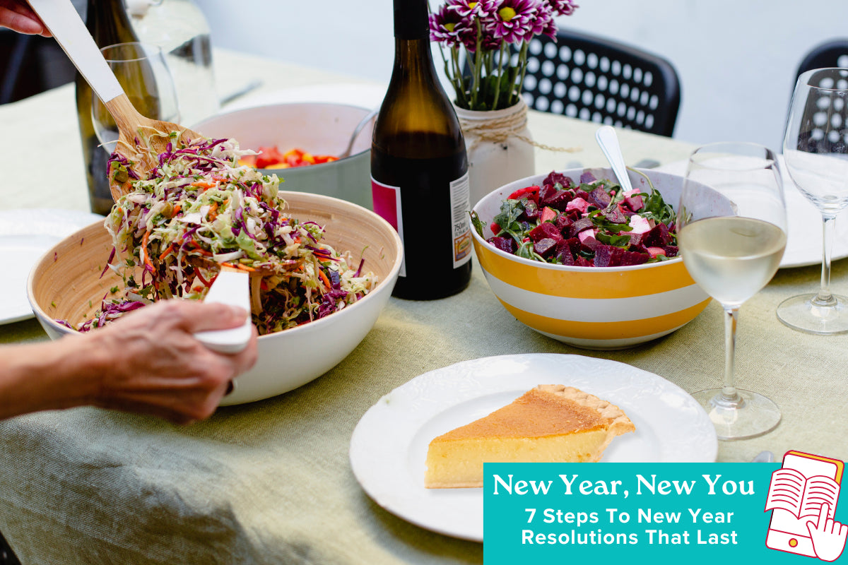 Image of a woman serving salad on a plat at a dinner table with a slice of pie. Color block with blog post title and graphic of a hand clicking an iPad to read the blog.